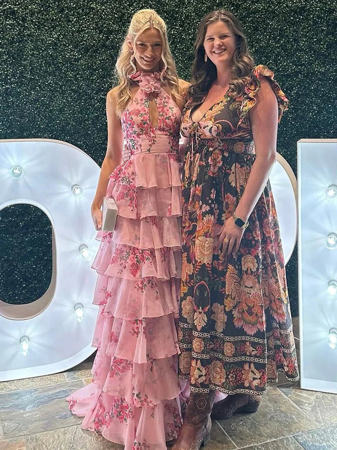 Melinda | Pink A Line Hatler Floral Chiffon Tiered Long Prom Dress by KissProm