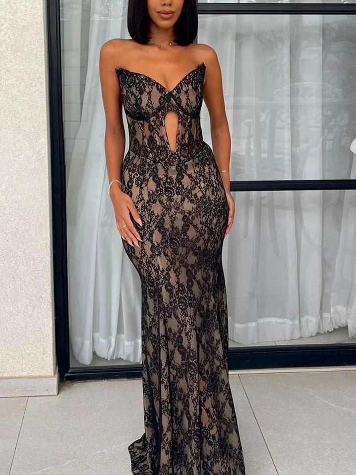 Merlia | Black Strapless V-Neck Sleeveless Lace Mermaid Prom Dress by KissProm