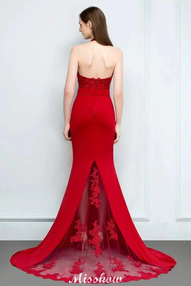 Mermaid Charmeuse Lace Halter SleevelessBridesmaid Dress Floor-Length Prom Dress by misshow.com