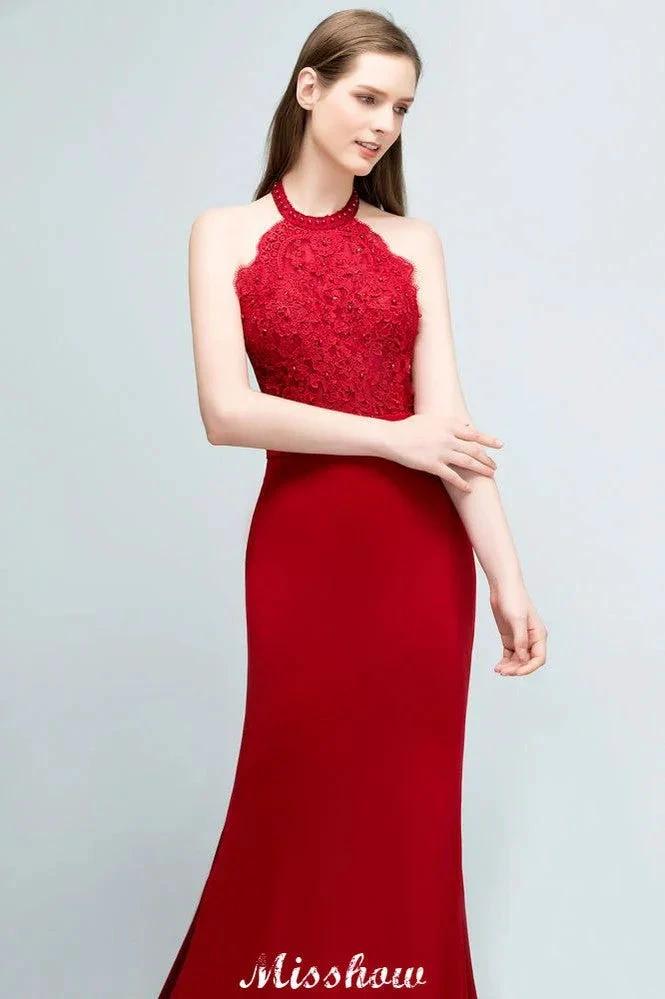 Mermaid Charmeuse Lace Halter SleevelessBridesmaid Dress Floor-Length Prom Dress by misshow.com