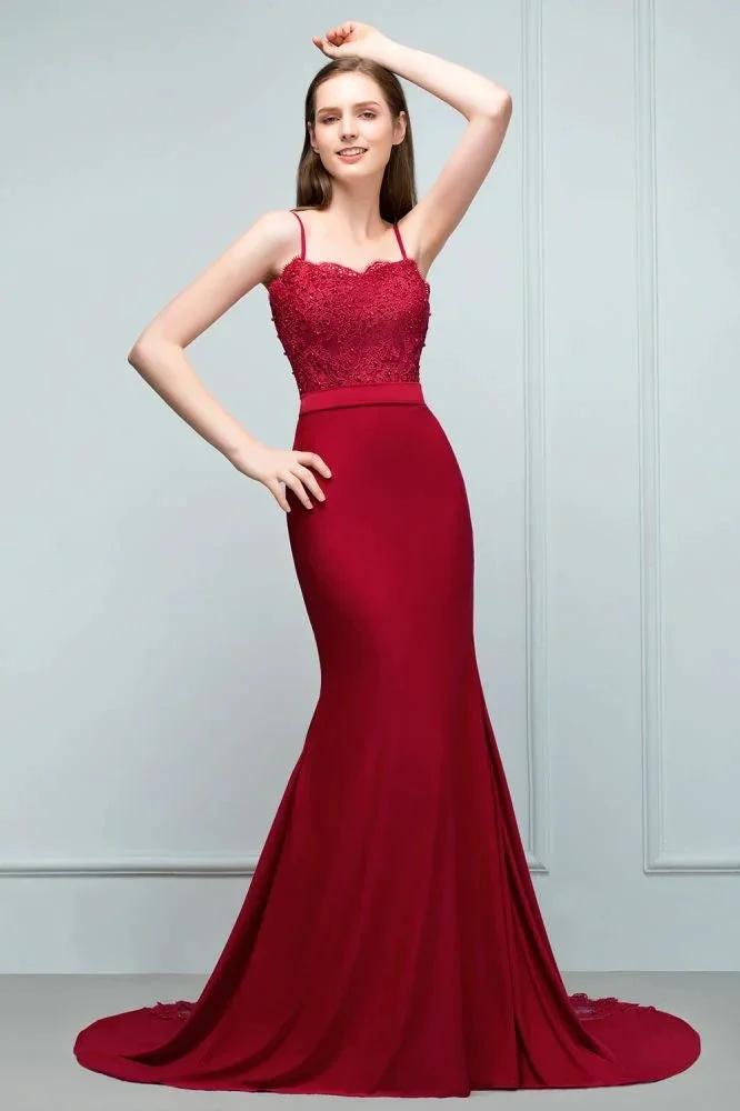 Mermaid Charmeuse Lace Spaghetti-Straps Sweetheart Sleeveless Floor-Length Bridesmaid Dresses with Beads by misshow.com