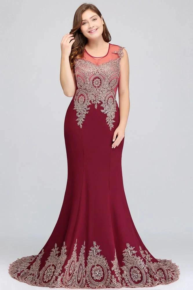 Mermaid Crew Floor Length Sleeveless Appliques Burgundy Evening Dresses by misshow.com
