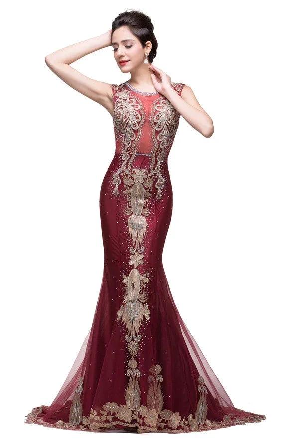 Mermaid Crew Sweep-length Tulle Burgundy Formal Dresses With Applique by misshow.com