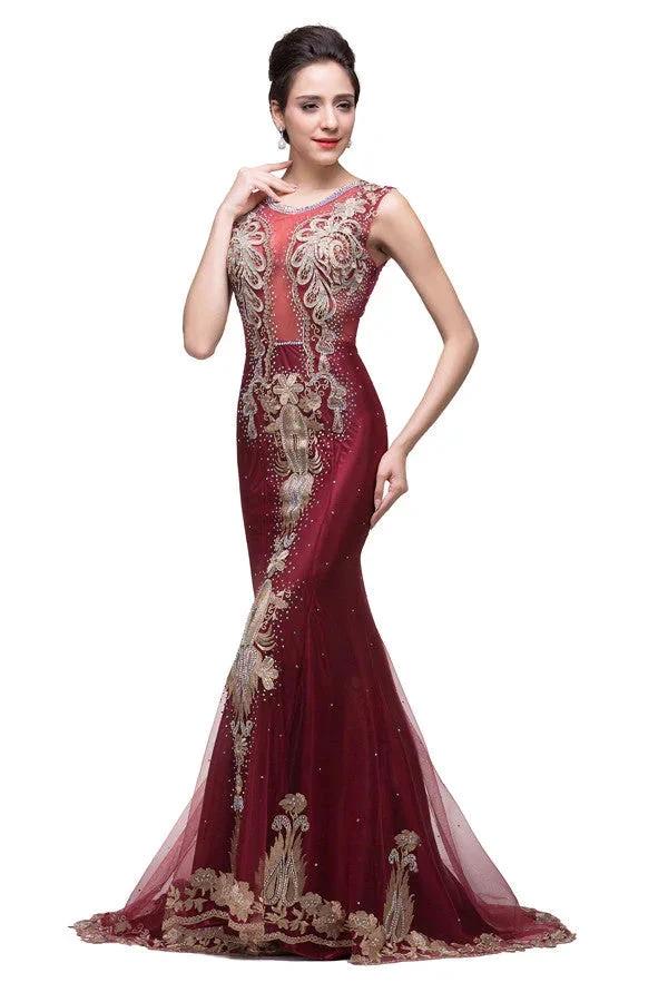 Mermaid Crew Sweep-length Tulle Burgundy Formal Dresses With Applique by misshow.com