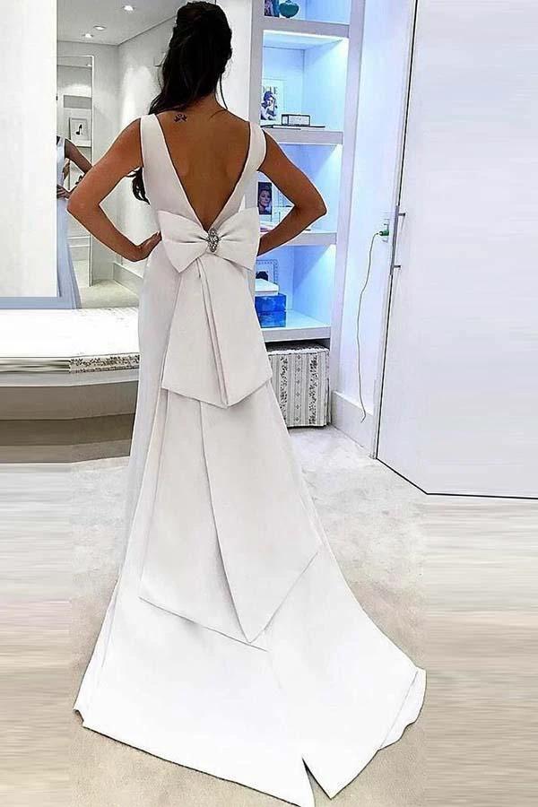 Mermaid Deep V-Neck Sweep Trian White Satin Backless Wedding Dress WD219 by pgmdress