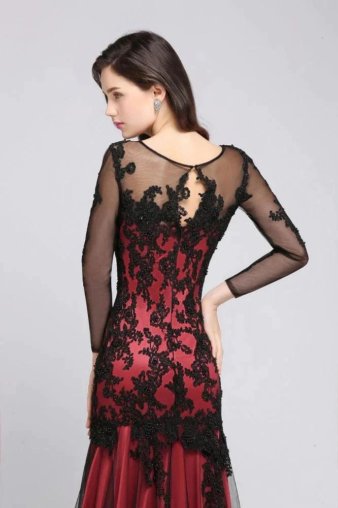 Mermaid Jewel Neck Long Tulle Red Sexy Evening Dresses with Beading by misshow.com