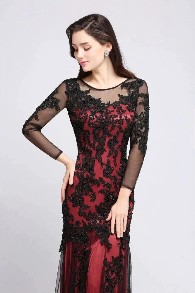 Mermaid Jewel Neck Long Tulle Red Sexy Evening Dresses with Beading by misshow.com