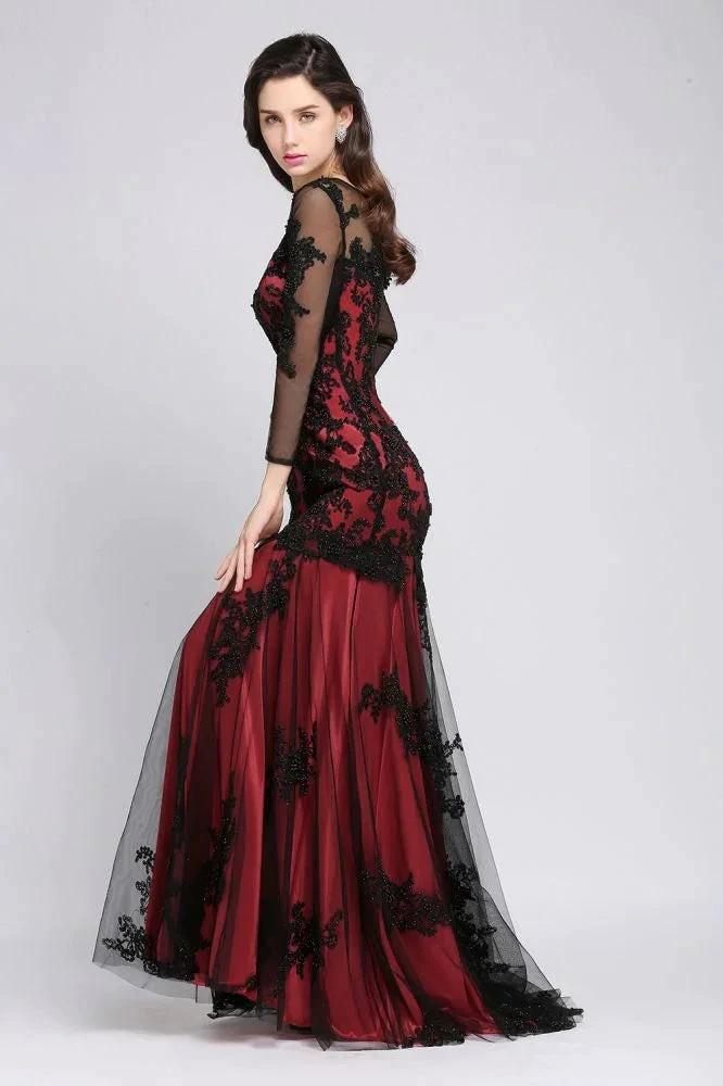 Mermaid Jewel Neck Long Tulle Red Sexy Evening Dresses with Beading by misshow.com
