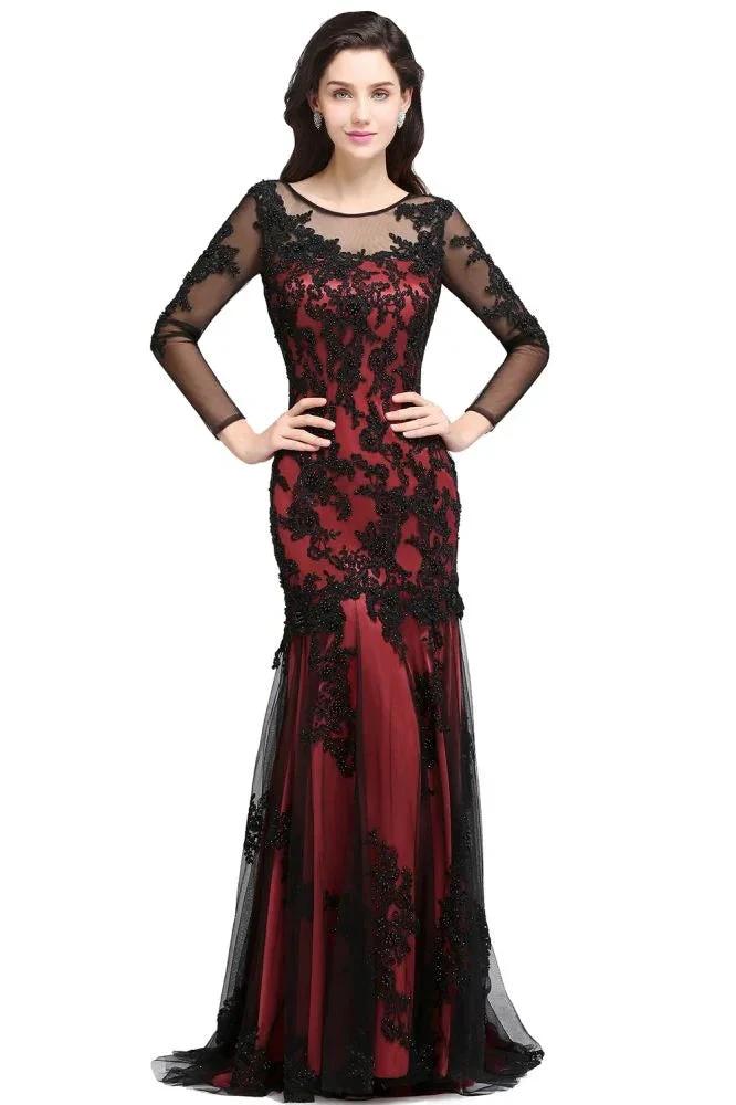 Mermaid Jewel Neck Long Tulle Red Sexy Evening Dresses with Beading by misshow.com