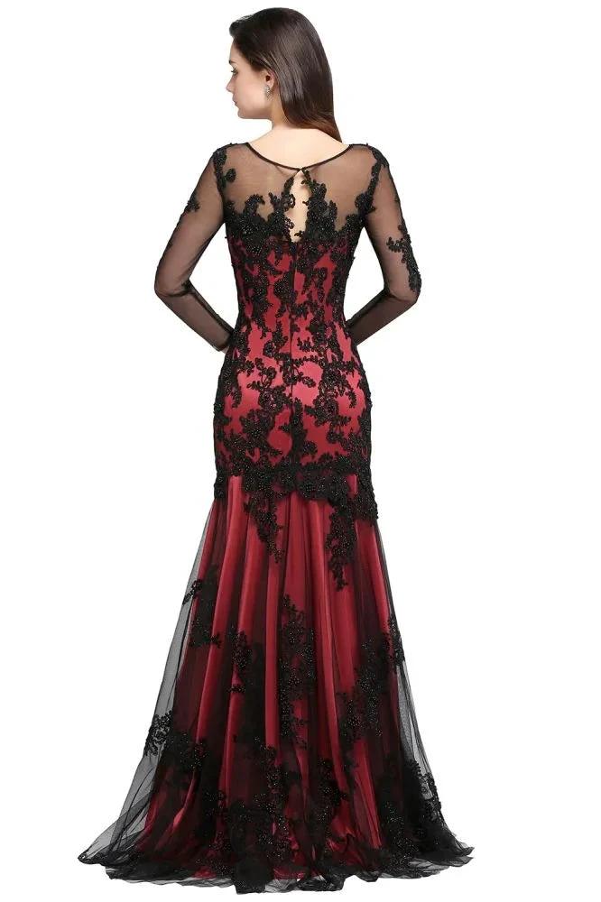 Mermaid Jewel Neck Long Tulle Red Sexy Evening Dresses with Beading by misshow.com