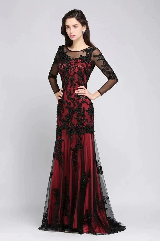 Mermaid Jewel Neck Long Tulle Red Sexy Evening Dresses with Beading by misshow.com