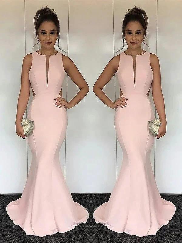 Mermaid Jewel Sleeveless With Ruched Silk like Satin Prom Dresses by misshow.com