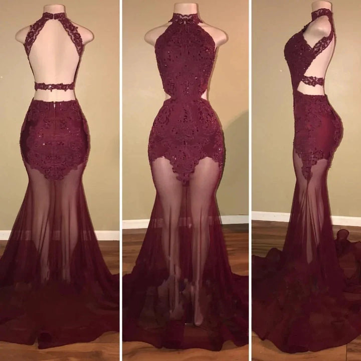 Mermaid Lace Appliques Sheer-Tulle Burgundy High Neck Long Prom Dresses by misshow.com