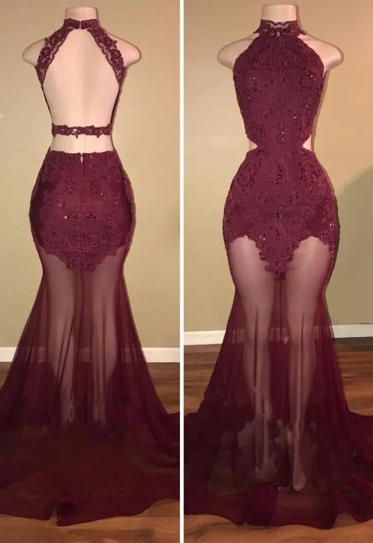 Mermaid Lace Appliques Sheer-Tulle Burgundy High Neck Long Prom Dresses by misshow.com