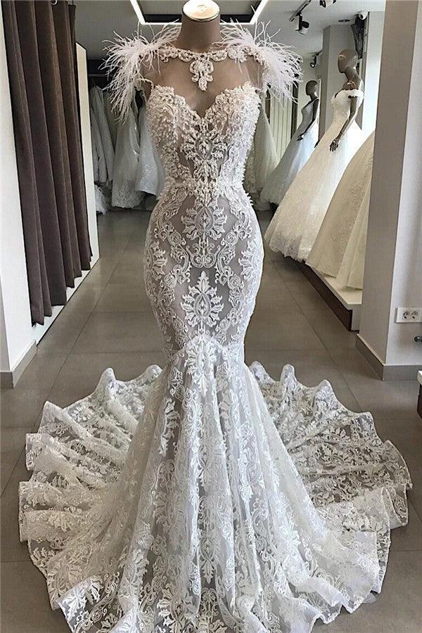 Mermaid Lace Crystals Necklace Wedding Dress Bridal Wears with Feather by misshow.com