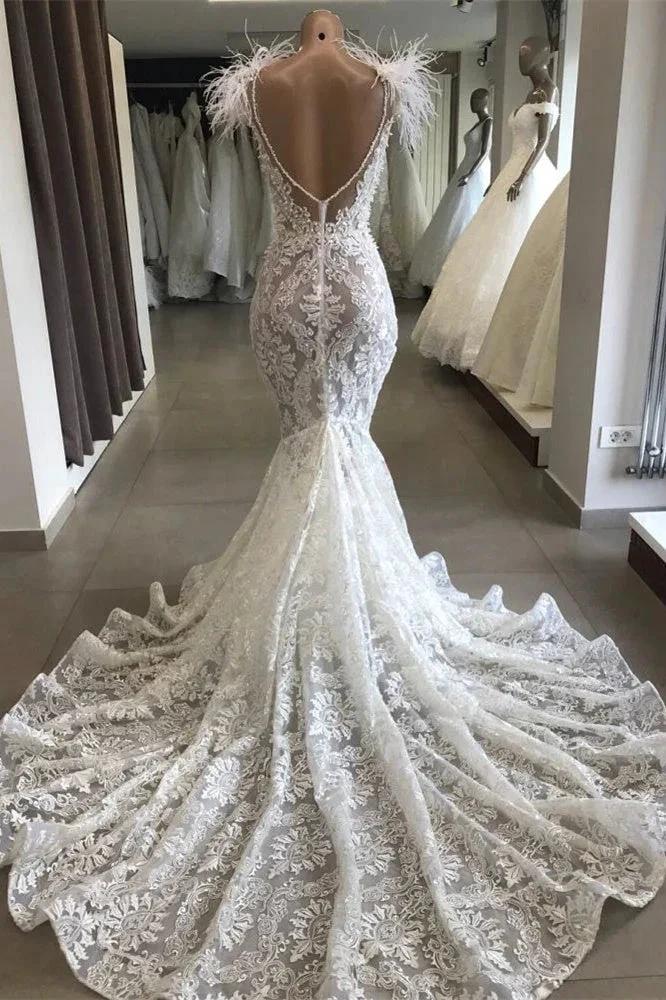 Mermaid Lace Crystals Necklace Wedding Dress Bridal Wears with Feather by misshow.com