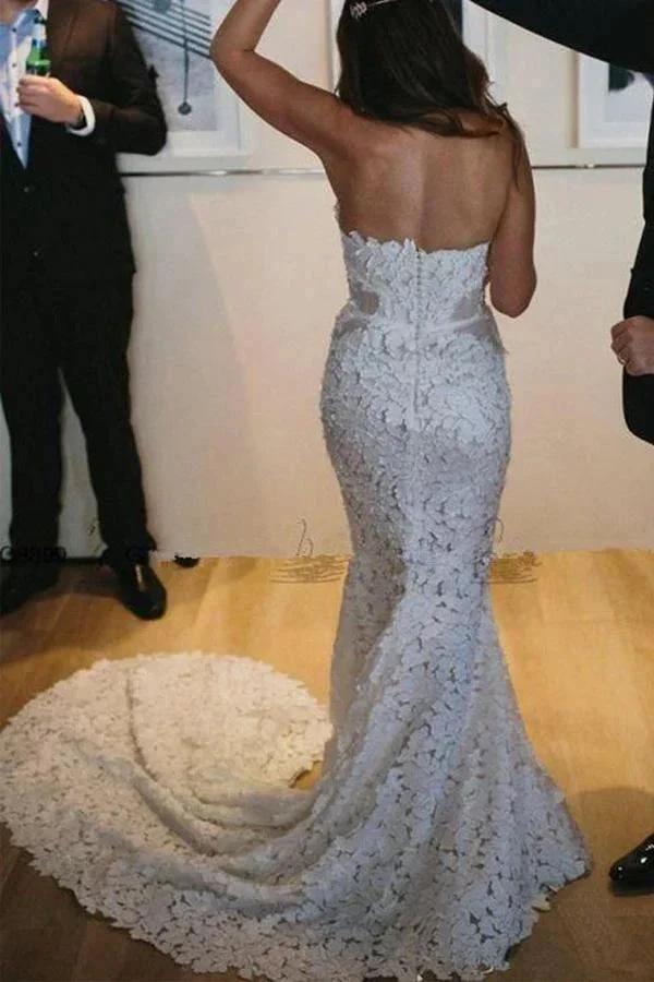 Mermaid Lace Sweetheart Sleeveless Sweep Train Split Wedding Dress WD536 by pgmdress