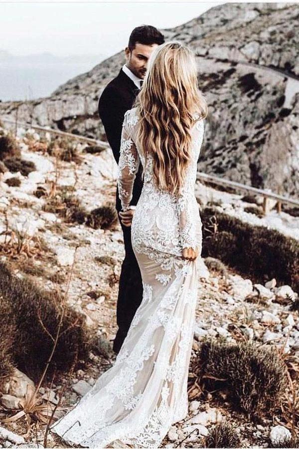 Mermaid Long Sleeve Lace Boho Wedding Dresses Rustic Bridal Gown WD504 by pgmdress