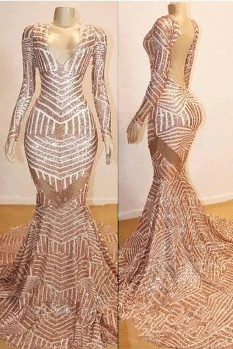 Mermaid Long Sleeves V-neck Sequined Sweep Train Prom Dresses by misshow.com