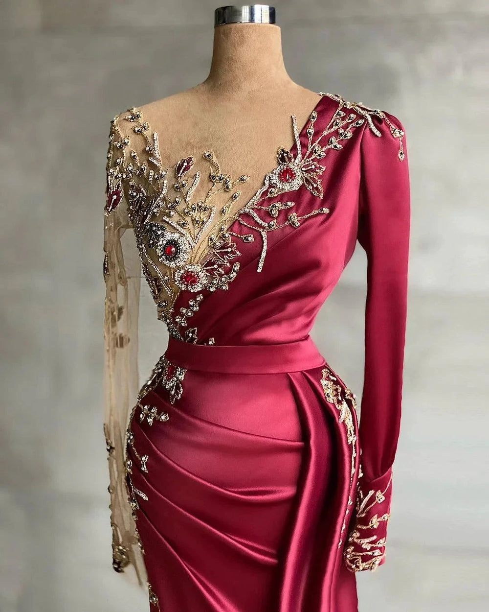 Mermaid Long V-neck Satin Burgundy Prom Dress with Sleeves by BIZTUNNEL