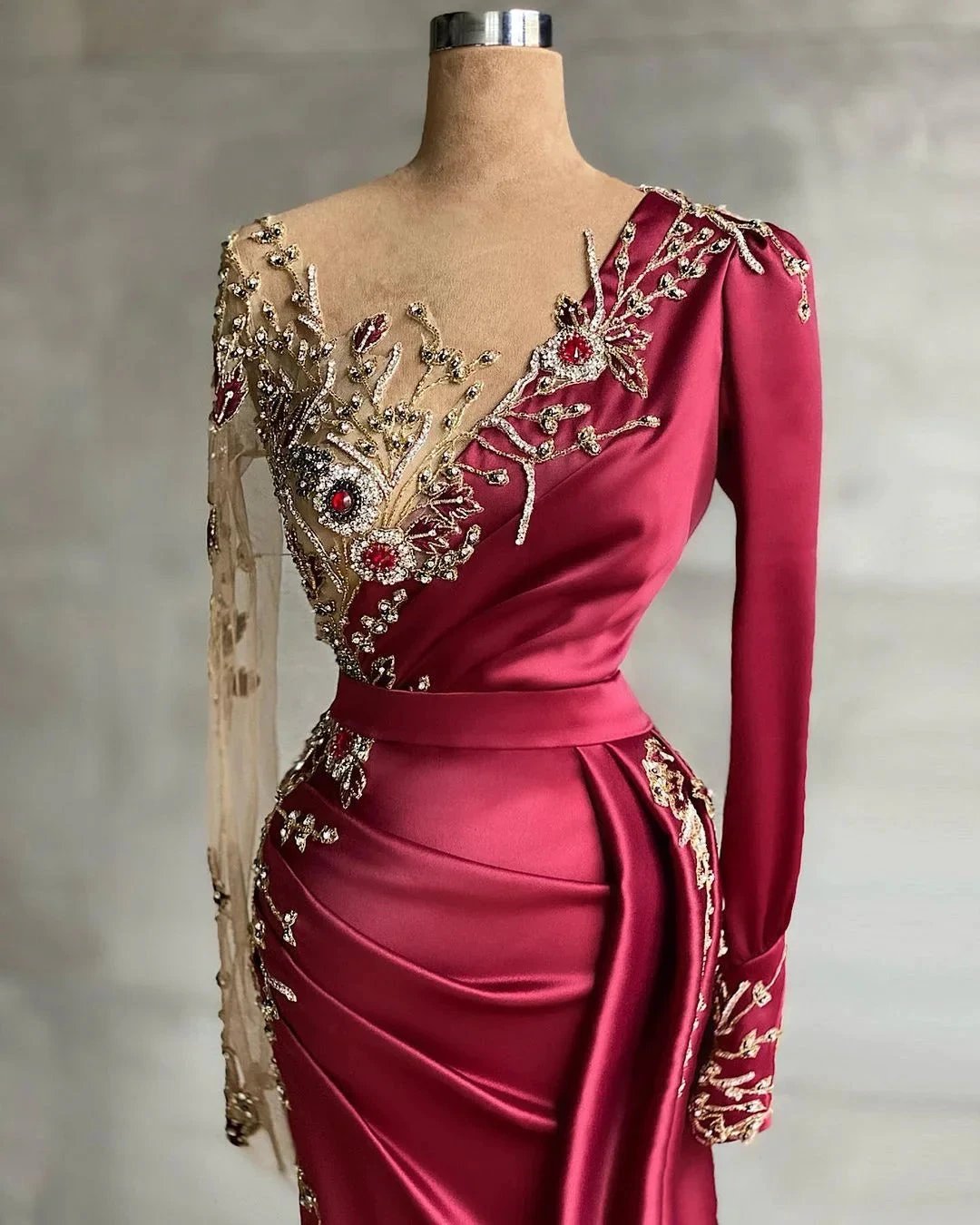 Mermaid Long V-neck Satin Burgundy Prom Dress with Sleeves by BIZTUNNEL