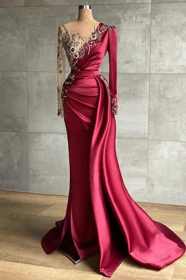 Mermaid Long V-neck Satin Burgundy Prom Dress with Sleeves by BIZTUNNEL