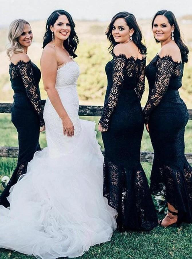 Mermaid Off-the-Shoulder Navy Blue Bridesmaid Dress with Lace BD068 by pgmdress