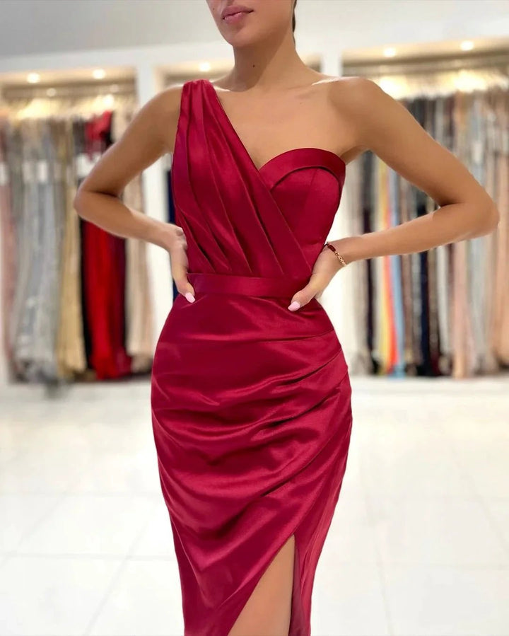 Mermaid One Shoulder Satin Short Prom Dress with slit by BIZTUNNEL