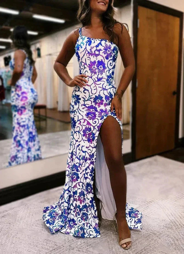 Mermaid One Shoulder Sequin Appliques Long Prom Dresses with Slit by KissProm