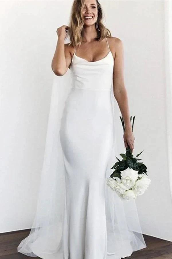 Mermaid Spaghetti Straps Backless Court Train White Wedding Dress WD450 by pgmdress
