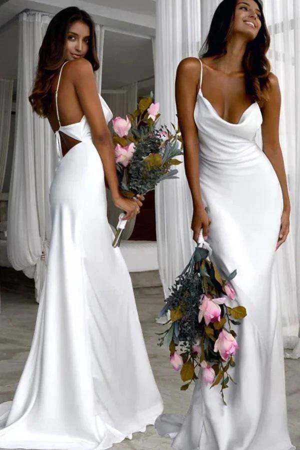 Mermaid Spaghetti Straps Backless Court Train White Wedding Dress WD450 by pgmdress