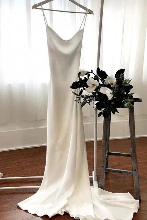 Mermaid Spaghetti Straps Backless Court Train White Wedding Dress WD450 by pgmdress