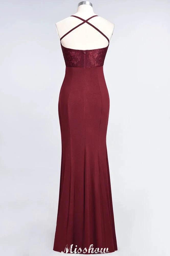 Mermaid spandex Lace Spaghetti-Straps Sleeveless Floor-Length Bridesmaid Dress by misshow.com