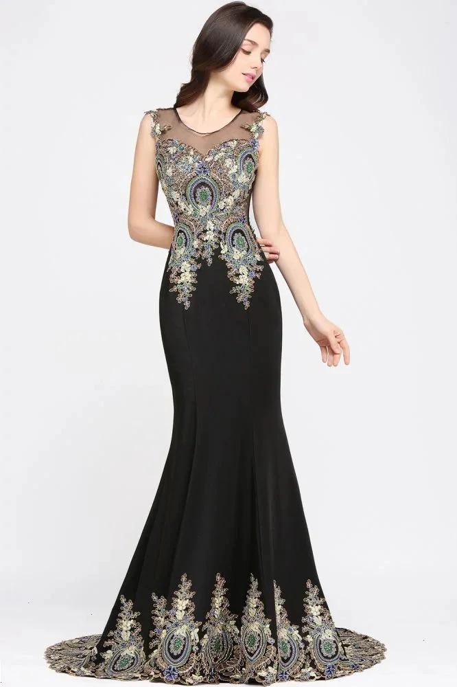 Mermaid Sweep Train Black Sleeveless Evening Dresses with Appliques by misshow.com