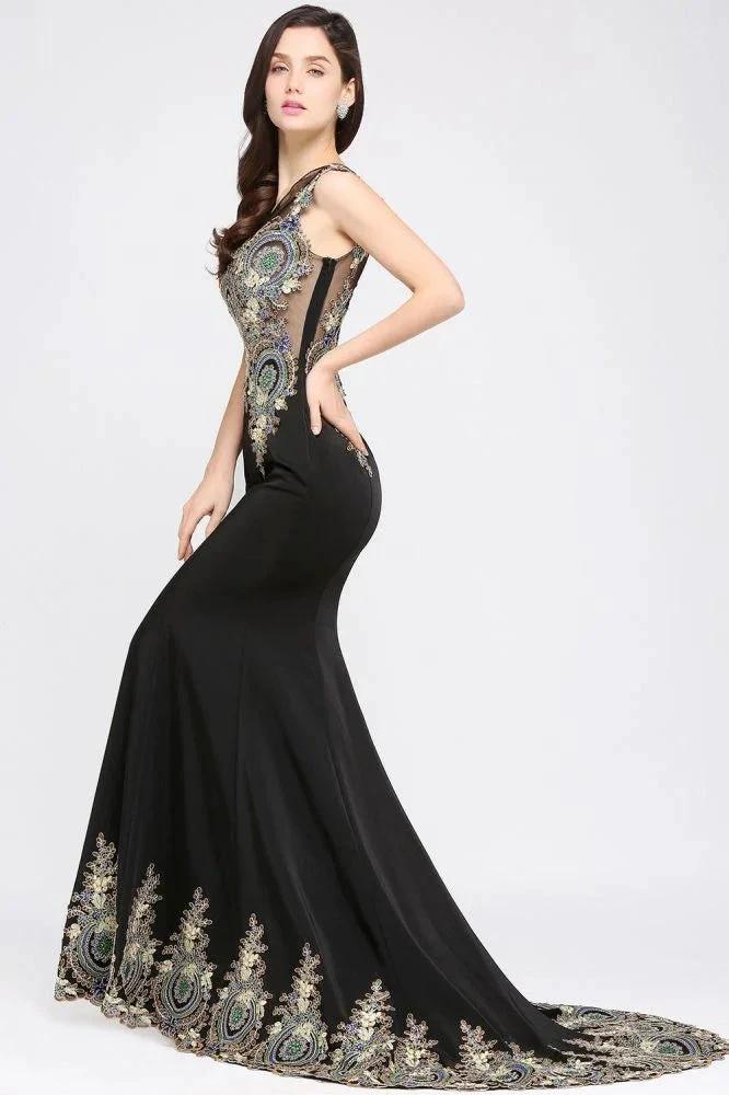 Mermaid Sweep Train Black Sleeveless Evening Dresses with Appliques by misshow.com