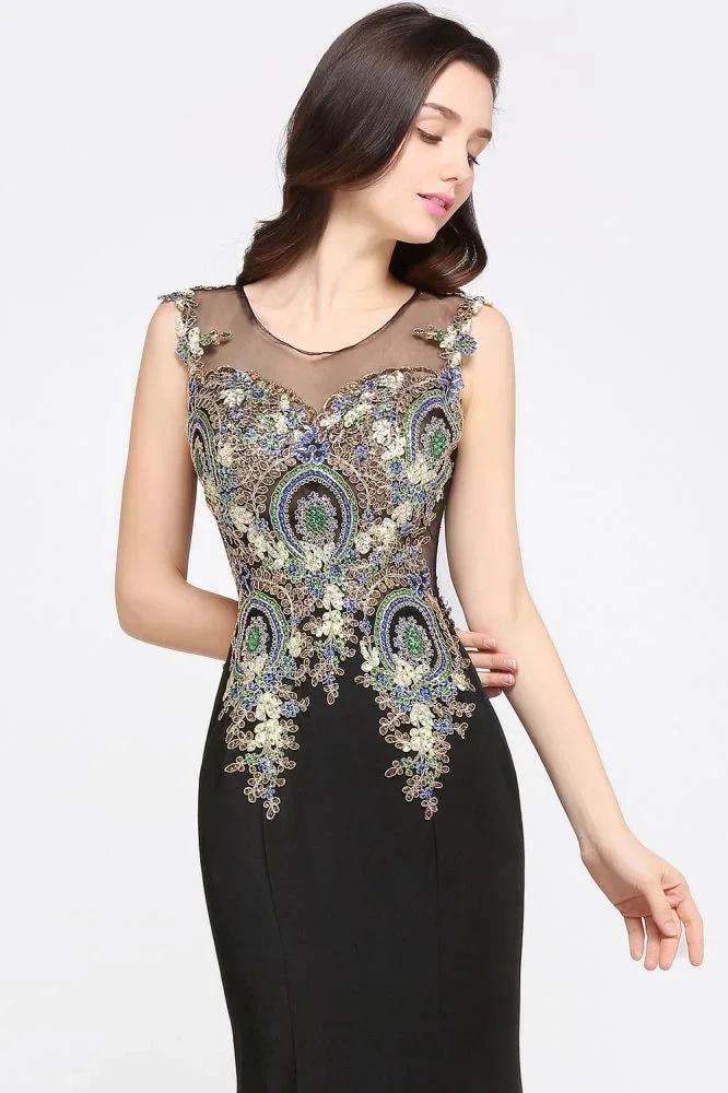 Mermaid Sweep Train Black Sleeveless Evening Dresses with Appliques by misshow.com