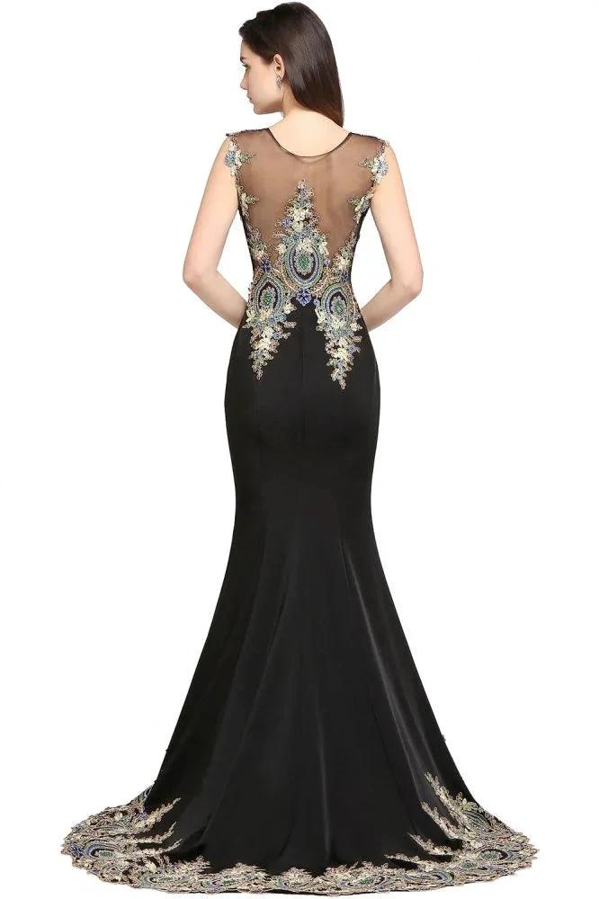 Mermaid Sweep Train Black Sleeveless Evening Dresses with Appliques by misshow.com