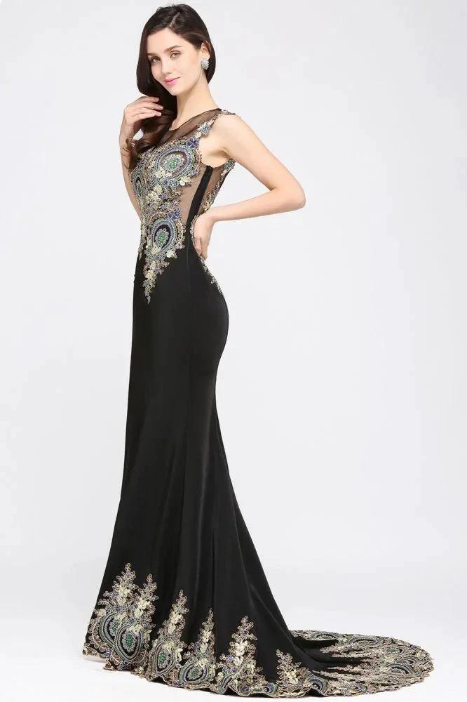 Mermaid Sweep Train Black Sleeveless Evening Dresses with Appliques by misshow.com