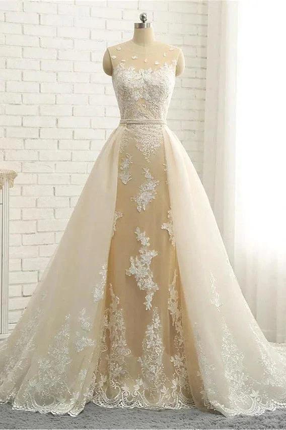 Mermaid \ Trumpet Jewel Neck Chapel Train Lace Tulle Lace Over Satin Regular Straps Formal See-Through Wedding Dresses by misshow.com