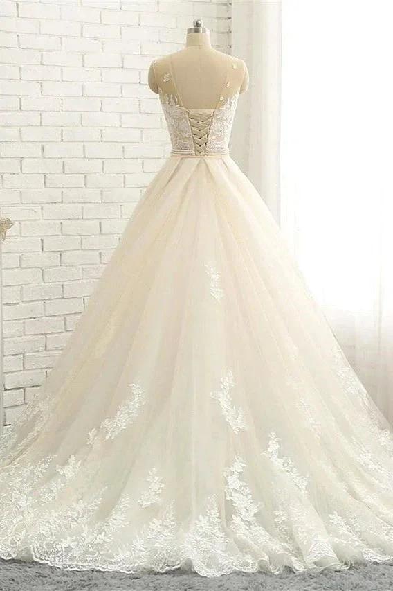 Mermaid \ Trumpet Jewel Neck Chapel Train Lace Tulle Lace Over Satin Regular Straps Formal See-Through Wedding Dresses by misshow.com