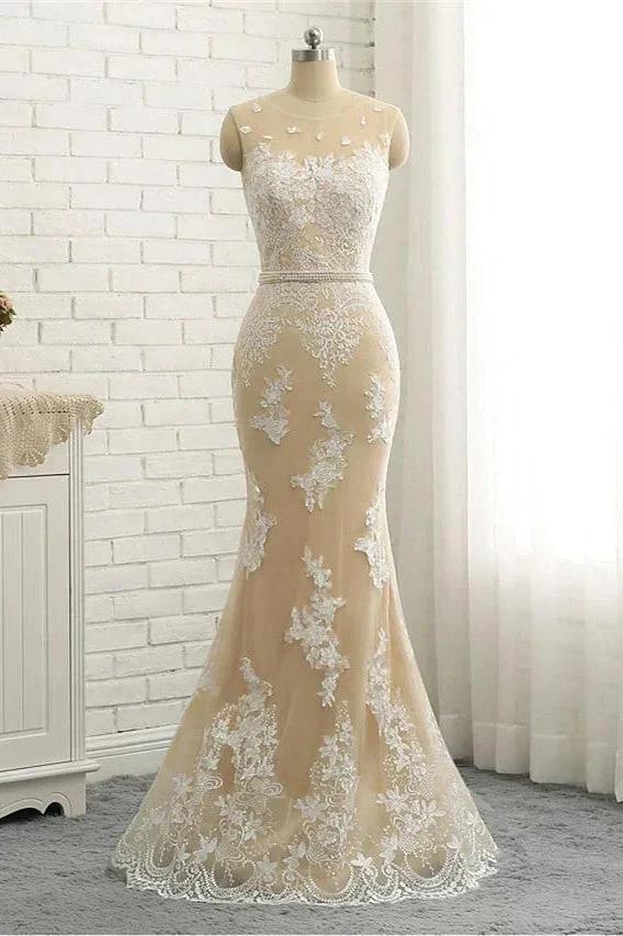 Mermaid \ Trumpet Jewel Neck Chapel Train Lace Tulle Lace Over Satin Regular Straps Formal See-Through Wedding Dresses by misshow.com