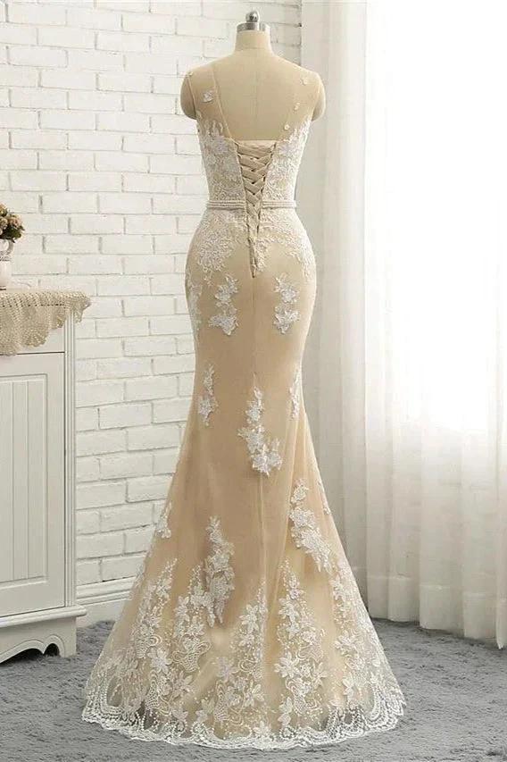 Mermaid \ Trumpet Jewel Neck Chapel Train Lace Tulle Lace Over Satin Regular Straps Formal See-Through Wedding Dresses by misshow.com