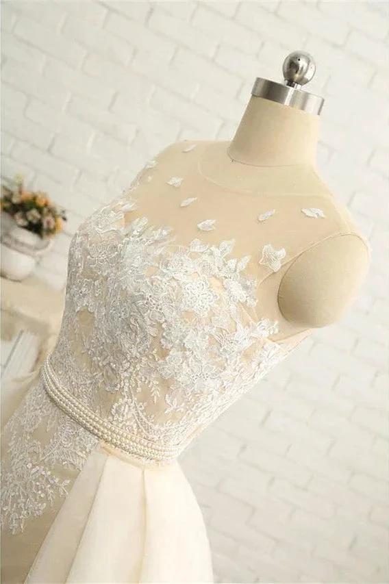 Mermaid \ Trumpet Jewel Neck Chapel Train Lace Tulle Lace Over Satin Regular Straps Formal See-Through Wedding Dresses by misshow.com