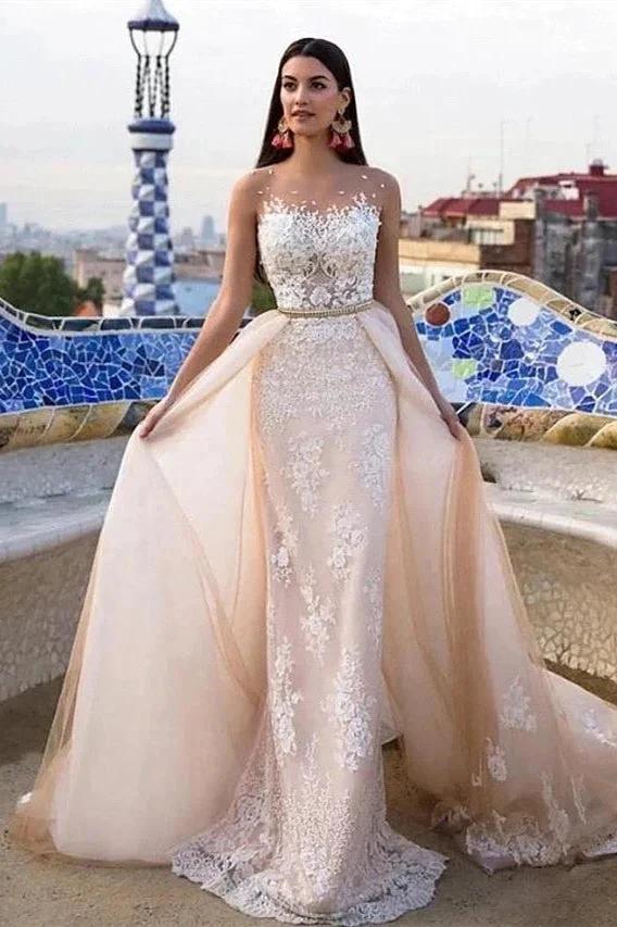 Mermaid \ Trumpet Jewel Neck Chapel Train Lace Tulle Lace Over Satin Regular Straps Formal See-Through Wedding Dresses by misshow.com