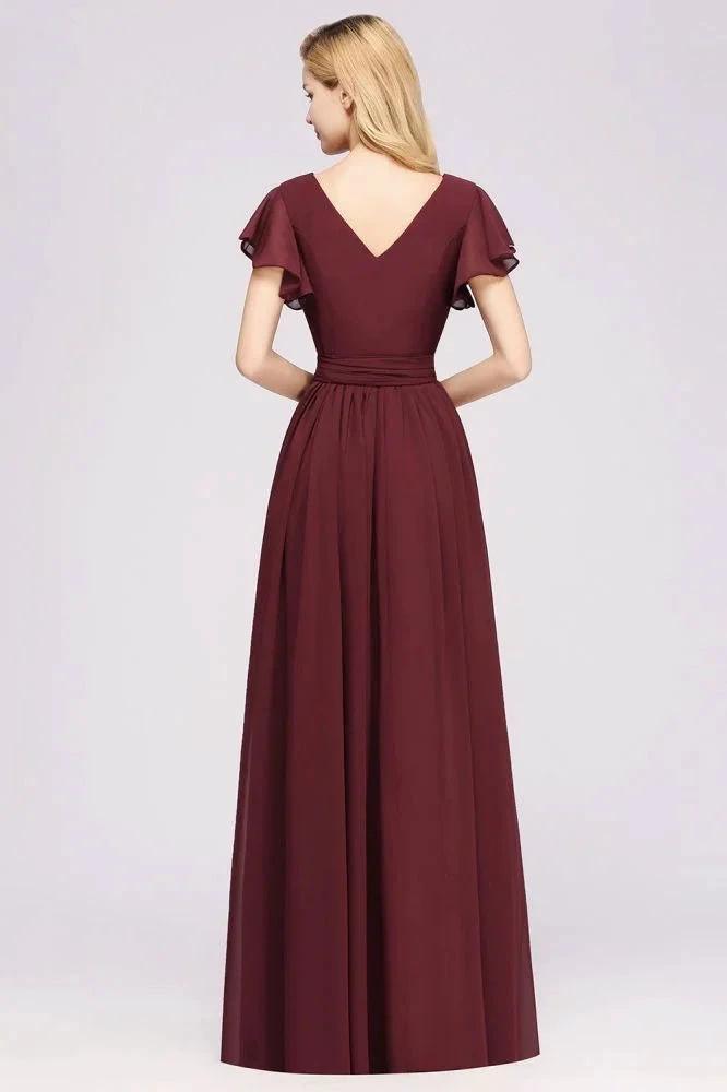 Elegant A-line V-Neck Short Sleeve Bridesmaid Dresses with Bow Sash Floor-Length Chiffon Evening Dress by misshow.com