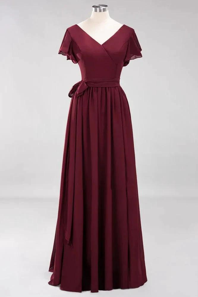Elegant A-line V-Neck Short Sleeve Bridesmaid Dresses with Bow Sash Floor-Length Chiffon Evening Dress by misshow.com