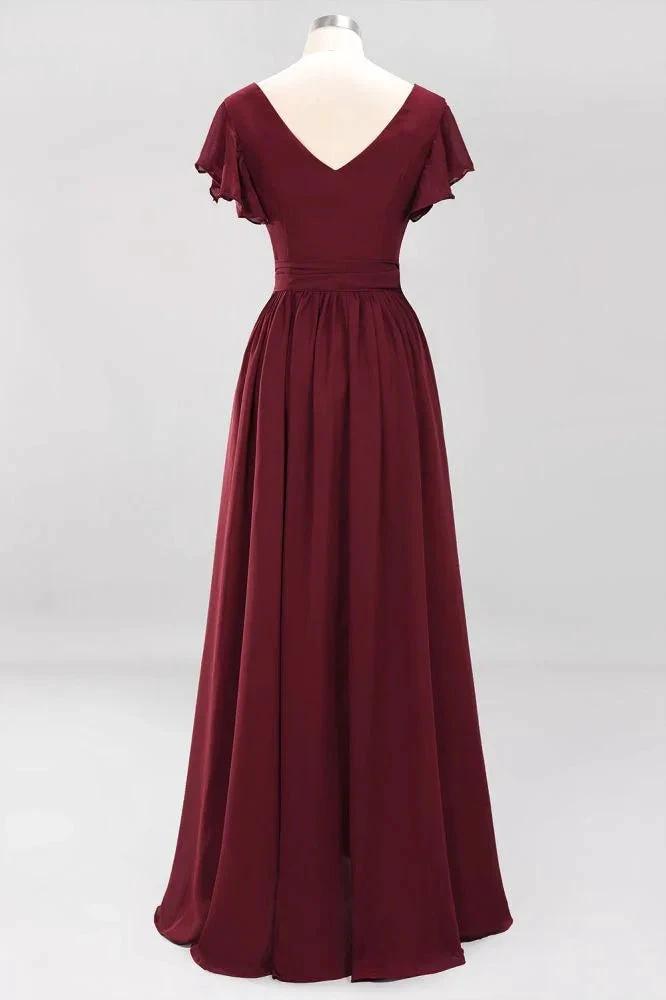 Elegant A-line V-Neck Short Sleeve Bridesmaid Dresses with Bow Sash Floor-Length Chiffon Evening Dress by misshow.com