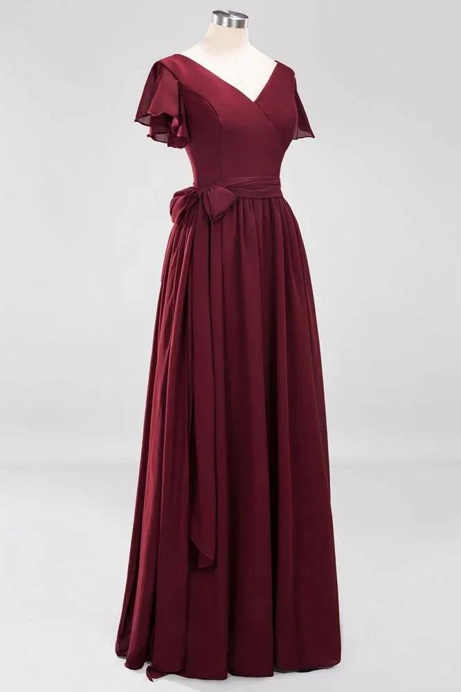 Elegant A-line V-Neck Short Sleeve Bridesmaid Dresses with Bow Sash Floor-Length Chiffon Evening Dress by misshow.com