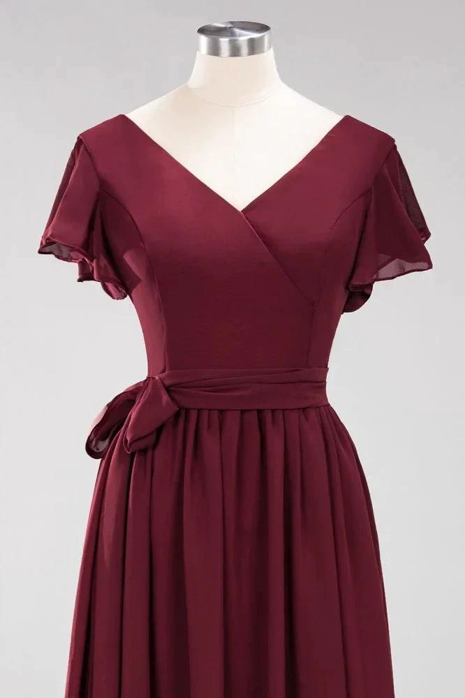 Elegant A-line V-Neck Short Sleeve Bridesmaid Dresses with Bow Sash Floor-Length Chiffon Evening Dress by misshow.com