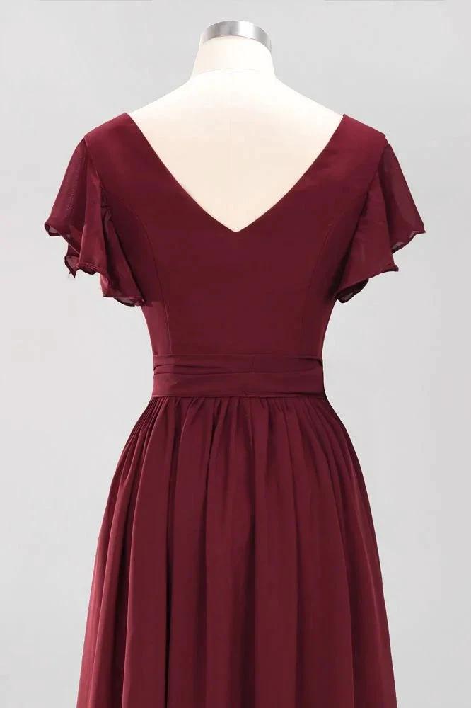 Elegant A-line V-Neck Short Sleeve Bridesmaid Dresses with Bow Sash Floor-Length Chiffon Evening Dress by misshow.com